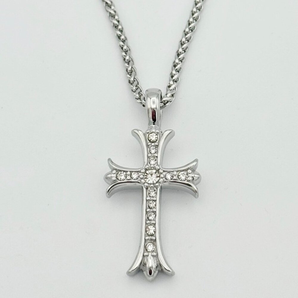 New Crystal Cross Western Silver Stainless Steel Chain Necklace Christian